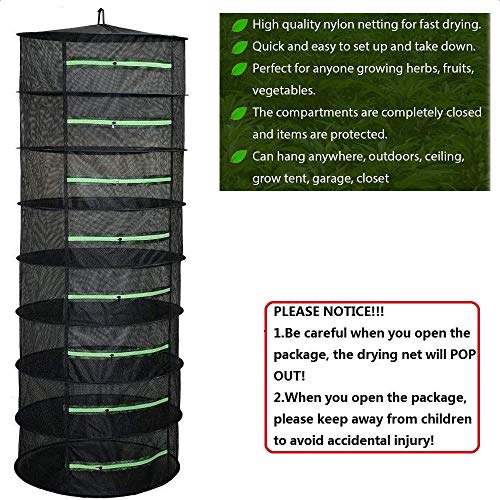 Langroup Herb Drying Rack for Plant Bud Seed, 8 Layer Collapsible Mesh Hanging Plant Drying Rack for Garden Outdoor Weed, Flower Bud Drying Rack with Green Zippers Opening (Free Hook Included)
