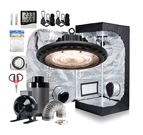 Hydro Plus Indoor Growing Kit 24''x24''x48'' Small Grow Tent+UFO LED Grow Lights 100W+4'' Inline Fan Filter Kit+Thermometer+Outlet Timer+60mm Bonsai Shear+Plant Trellis Netting+Light Hangers