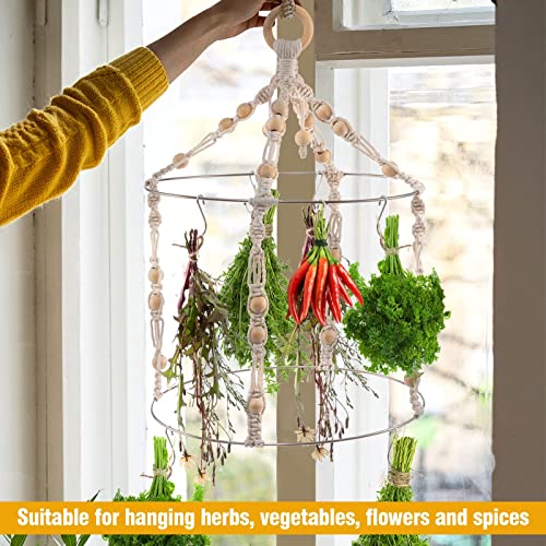 Boho Herb Drying Rack Double- Macrame Flower Drying Rack with 15 Hooks Handcrafted Woven Hanging Herb Dryer with Cotton Rope Wooden Hanging Ring Herb Hangers for Drying Air Plants Spices Flowers