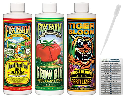 Fox Farm Liquid Plant Fertilizer: Big Bloom, Grow Big, Tiger Bloom (Pack of 3-16 oz. Bottles) 1 Pint Each + Twin Canaries Chart & Pipette