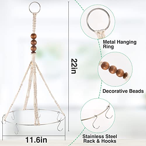 2 Pcs Hanging Drying Rack for Herbs - Macrame Mobile Flower Drying Hanger with 20 Herb Dryer Hooks, Boho Handcrafted Cotton Rope Chic Woven Herbal Drier with Wooden Hanging Ring for Hydroponic Plants