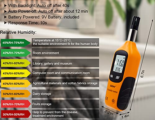 Digital Psychrometer Thermometer Hygrometer with Backlight, ERAY Temperature and Humidity Reader Meter Thermo-Hygrometer with Dew Point and Wet Bulb Temperature, 9V Battery Included