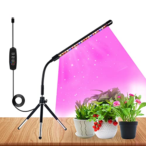 Ldmhlho LED Plant Lights with Small Tripod, Full Spectrum 20 LEDs Grow Lamp with 3H/9H/12H Timing On&Off & 3 Switch Modes and Adjustable Gooseneck for Indoor Plants (No Adapter)