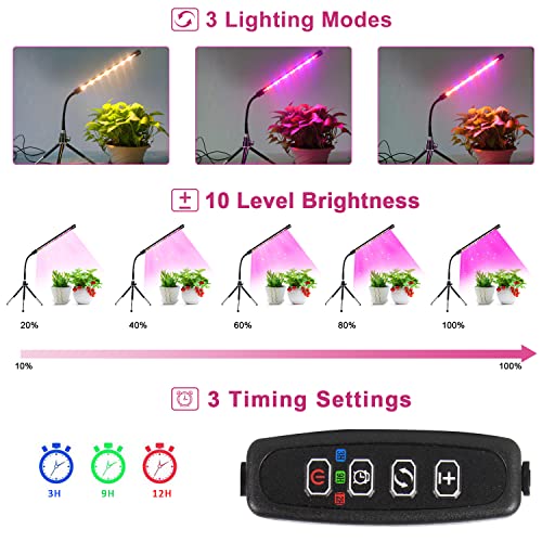 Ldmhlho LED Plant Lights with Small Tripod, Full Spectrum 20 LEDs Grow Lamp with 3H/9H/12H Timing On&Off & 3 Switch Modes and Adjustable Gooseneck for Indoor Plants (No Adapter)