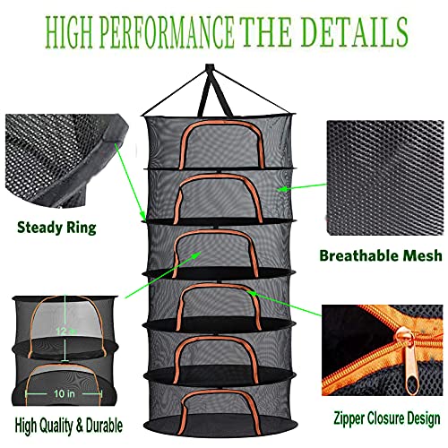 SNNRSUTU Herb Drying Rack, 6-Layer Black Hanging Drying Rack with U-Orange Zipper, Plant Drying Rack net for for Drying Herbs, Food, Meat, Flowers of Hanging Drying net
