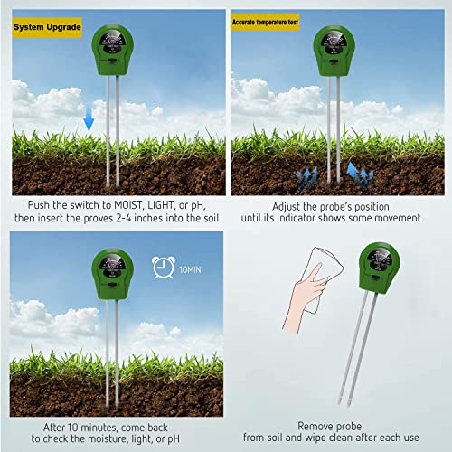 Soil pH Meter 3-in-1 Soil Tester Moisture, Light, pH, Meter Tool for Garden, Farm, Plant, Outdoor, Indoor, Lawn Care, Water Soil, Soil Hygrometer Sensor for Gardening, Test Kit for Garden