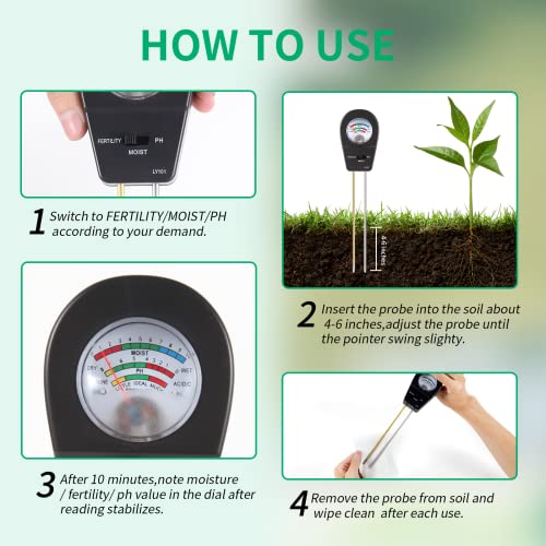 Sanhezhong Soil Moisture Meter,Soil ph/Fertility Meter,Soil Test kit,Soil Probe,Plant Water Monitor for Garden Farms, Lawns, Potted Plants,Indoor Outdoor, Promote Plants Healthy Growth (Black)