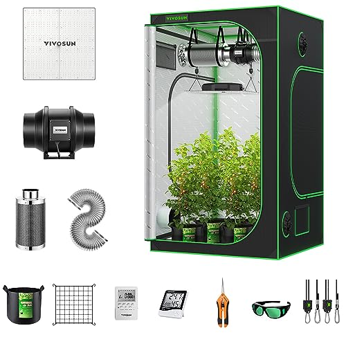 VIVOSUN GIY 4x4 ft. Grow Tent Complete System, Grow Tent Kit Complete with 6 Inch Inline Fan Package, VS4000 LED Grow Light, Temperature Humidity Monitor, Netting, Grow Bags, Pruning Shear and Timer