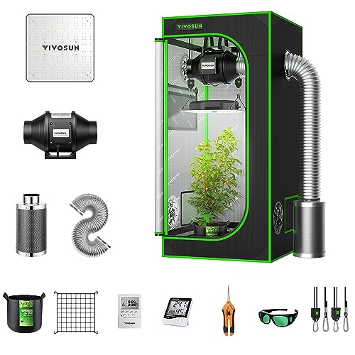 VIVOSUN Grow Tent Complete System, 2 x 2 ft. Grow Tent Kit Complete with VS1000 Led Grow Light, 4 Inch 190CFM Inline Fan, Carbon Filter and 8ft Ducting Combo, 24" x 24" x 48"