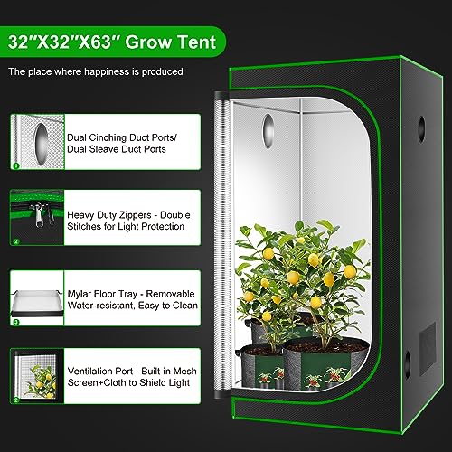 MELONFARM Grow Tent 32"x32"x63''Reflective 600D Mylar Hydroponic with Observation Window, Floor Tray and Tool Bag for Indoor Plant Growing