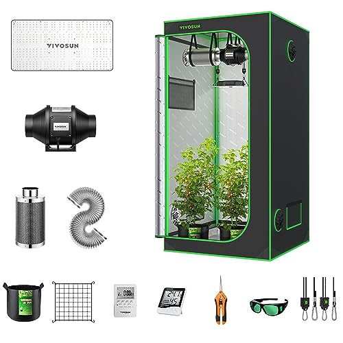VIVOSUN GIY 3x3 Grow Tent Complete System, 3x3 ft. Grow Tent Kit Complete with 4-inch Inline Fan Package, VS2000 LED Grow Light, Temperature Humidity Monitor, Netting, Grow Bags, Pruning Shear & Timer