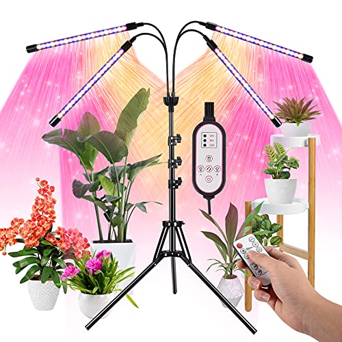Lxyoug LED Grow Lights for Indoor Plants Full Spectrum with 15-60 inches Adjustable Tripod Stand, Red Blue White Floor Grow Lamp with 4/8/12H Timer with Remote Control
