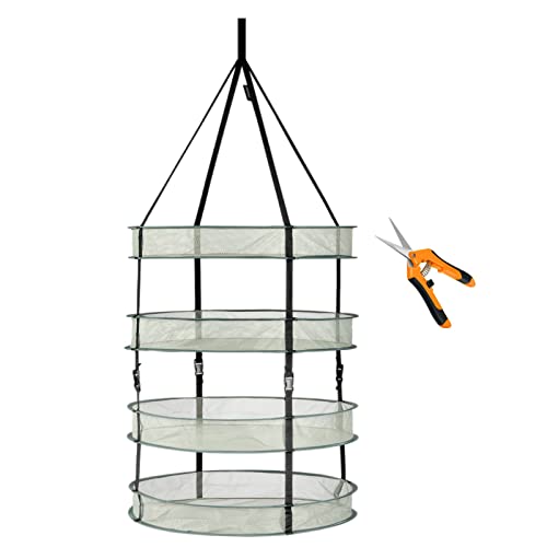 iPower 2ft 4 Layers Clip on Hanging Collapsible Mesh Hydroponics Herb Drying Rack Net with 6.5" Stainless Steel Straight Blades Garden Hand Pruning Shears, Orange Pruner