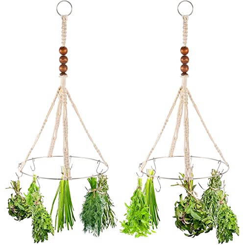 2 Pcs Hanging Drying Rack for Herbs - Macrame Mobile Flower Drying Hanger with 20 Herb Dryer Hooks, Boho Handcrafted Cotton Rope Chic Woven Herbal Drier with Wooden Hanging Ring for Hydroponic Plants