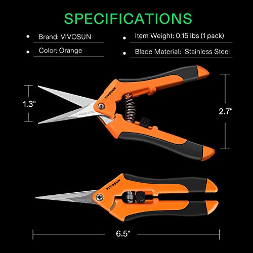 VIVOSUN 6.5 Inch Gardening Scissors Hand Pruner Pruning Shear with Straight Stainless Steel Blades Orange 1-Pack