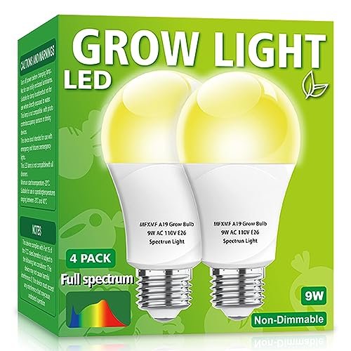 mfxmf 4 Pack LED Grow Light Bulb A19 Bulb, Full Spectrum Plant Light Bulb, 9W E26 Grow Bulb Replace up to 100W, Grow Light for Indoor Plants, Flowers, Greenhouse, Indore Garden, Hydroponic