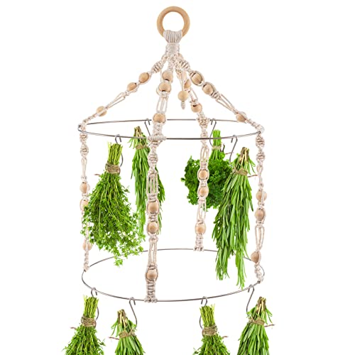 Boho Herb Drying Rack Double- Macrame Flower Drying Rack with 15 Hooks Handcrafted Woven Hanging Herb Dryer with Cotton Rope Wooden Hanging Ring Herb Hangers for Drying Air Plants Spices Flowers