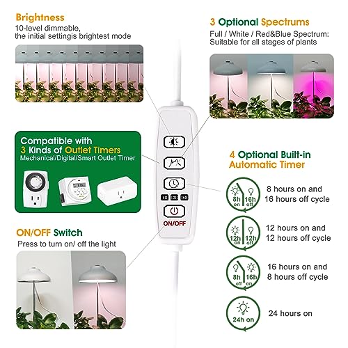 GrowLED LED Umbrella Plant Grow Light, Herb Garden, Height Adjustable, Automatic Timer, UL Adapter Included, Ideal for Plant Grow Novice Or Enthusiasts, Various Plants, DIY Decoration, White