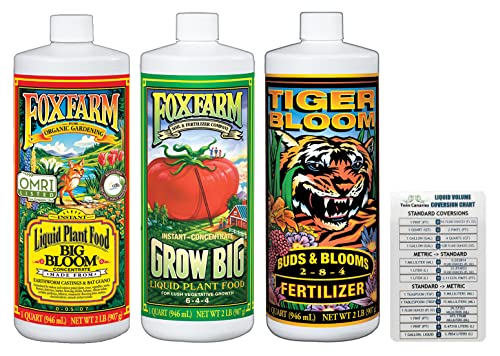Fox Farm Fertilizer Soil Trio Liquid Nutrient: Tiger Bloom, Grow Big, Big Bloom Quart Bottles + Twin Canaries Chart (Pack of 3-32 oz Bottles)