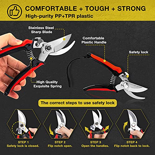 KOTTO 4 Pack Professional Bypass Pruning Shears, Stainless Steel Cutter Clippers, Sharp Hand Pruner Secateurs, Garden Trimmer Scissors Kit with Storage Bag and Protection Gloves