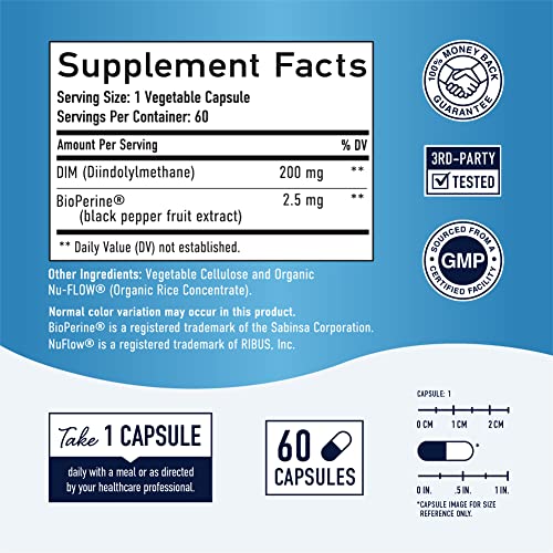 DIM Supplement 200 mg | Estrogen Balance for Women & Men | Hormone Balance, Hormonal Acne Supplements, Menopause Support, Antioxidant Support | Clean Label Project Certified, Vegan, Soy Free | 60 Ct.