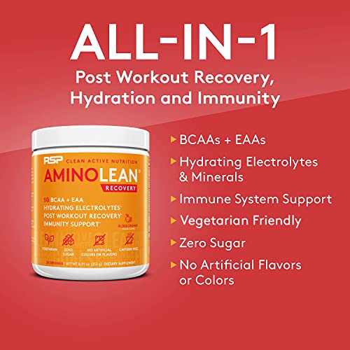 RSP AminoLean Recovery - Post Workout BCAAs Amino Acids Supplement + Electrolytes, BCAAs and EAAs for Hydration Boost, Immunity Support - Muscle Recovery Drink, Vegan Aminos, Blood Orange