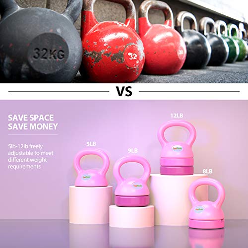 TopMade Adjustable Kettlebell - 5, 8, 9,12lb Kettlebell Weights Set for Home Gym Workout Ballistic, Cast Iron Adjustable Kettle Bells Weight Set For Men Or Women Strength Training Exercise, Pink