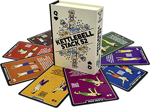 Stack 52 Kettlebell Exercise Cards. Workout Playing Card Game. Video Instructions Included. Learn Kettle Bell Moves and Conditioning Drills. Home Fitness Training Program. (2019 Updated Deck)