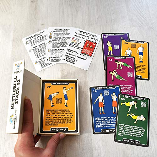 Stack 52 Kettlebell Exercise Cards. Workout Playing Card Game. Video Instructions Included. Learn Kettle Bell Moves and Conditioning Drills. Home Fitness Training Program. (2019 Updated Deck)