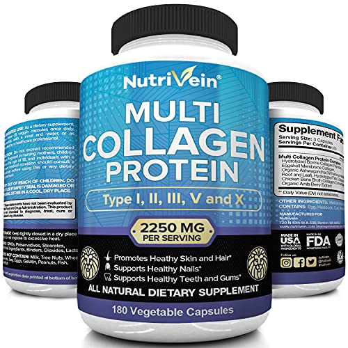 Nutrivein Multi Collagen Pills 2250mg - 180 Collagen Capsules - Type I, II, III, V, X - Anti-Aging, Healthy Joints, Hair, Skin, Bones, Nails, Hydrolyzed Protein Collagen Peptides for Woman and Men