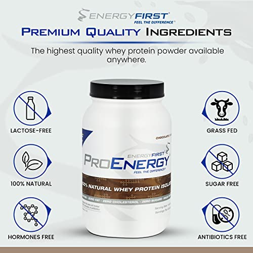 EnergyFirst Natural Grass Fed Whey Protein Isolate Powder - Chocolate (2lb) - ProEnergy Supplement Shake for Meal Replacement, Preworkout & Post Workout Recovery, Non GMO, Sugar & Gluten Free