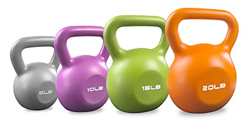 IFAST Kettlebell Sets, Strength Training Kettlebells Weight Set for Women, Vinyl Coated Kettle Bell for Home Gym Workout Weight Lifting Equipment, Comfortable Grip Wide Handle Weights 5lbs 10lbs 15lbs 20lbs, 4-Piece Total