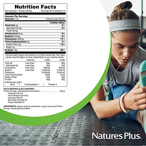 NaturesPlus Organic Pumpkin Seed Protein - .95 lbs Vegan Protein Powder - High Energy Protein Supplement, Promotes Prostate Health, Soothes Menstrual Discomfort - Vegetarian, Gluten-Free - 15 Servings