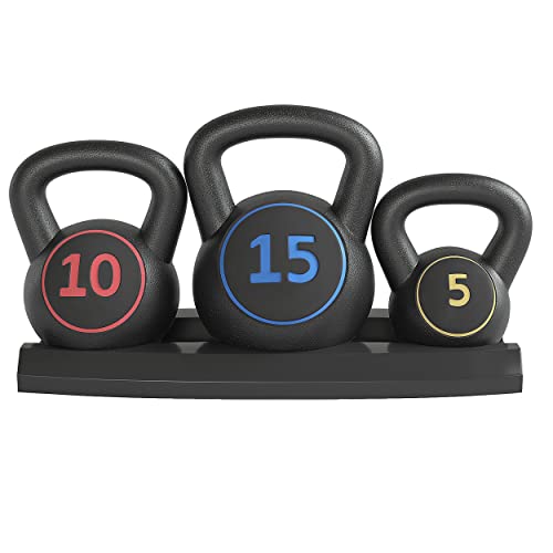 Yaheetech 3-Piece HDPE Kettlebell Exercise Fitness Weight Set w/Storage Rack, Kettlebell Set for Home Gym Exercise, Strength Training, HIIT Workout, Include 5lb, 10lb, 15lb