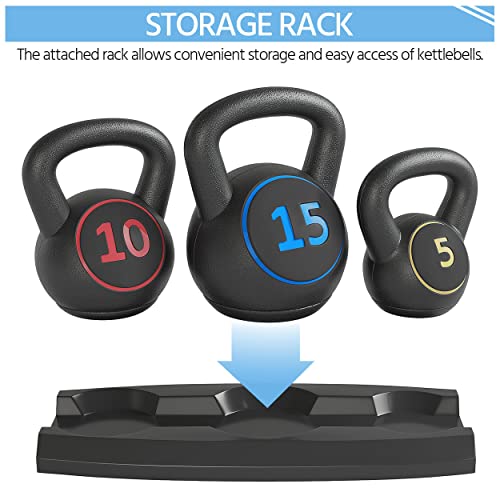 Yaheetech 3-Piece HDPE Kettlebell Exercise Fitness Weight Set w/Storage Rack, Kettlebell Set for Home Gym Exercise, Strength Training, HIIT Workout, Include 5lb, 10lb, 15lb