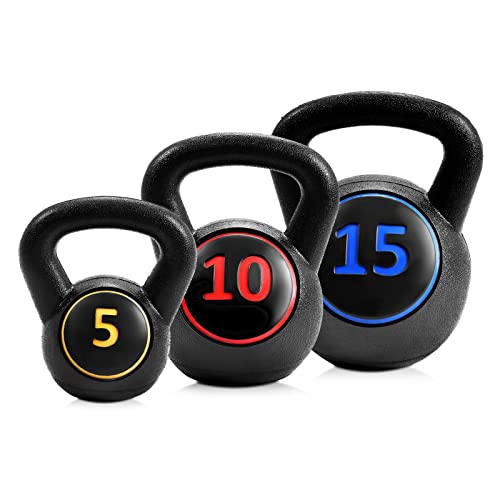 Goplus 3 Pieces Kettlebell Set, 5, 10, 15 lbs HDPE Coated Concrete Fitness Kettle Bells w/Easy Grip Wide Handle, Home Gym Exercise Weights HIIT Workout, Weightlifting, Strength Training, Conditioning