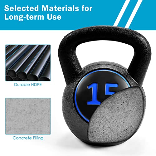 Goplus 3 Pieces Kettlebell Set, 5, 10, 15 lbs HDPE Coated Concrete Fitness Kettle Bells w/Easy Grip Wide Handle, Home Gym Exercise Weights HIIT Workout, Weightlifting, Strength Training, Conditioning