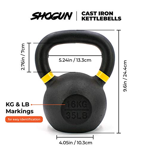 Shogun Sports Cast Iron Kettlebell. Cast-Iron Kettlebells with LB and KG Markings for Home Workouts, Functional Fitness, Weight Training. (Black - (35 LB/16 KG))