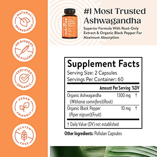 NutriRise Organic Ashwagandha Root Capsules with Black Pepper, 1300mg, Natural Stress & Mood, Thyroid, and Immune Support Supplement, Nootropic for Focus & Energy, Gluten Free, 120 Count