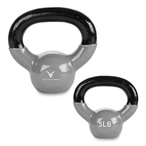 Victor Fitness 5 lb Solid Cast Iron Vinyl Coated Silver Kettlebell with Wide Easy-to-Grip Handle. Great for Weight Training, Crossfit, Squats, and Kettlebell Swings…