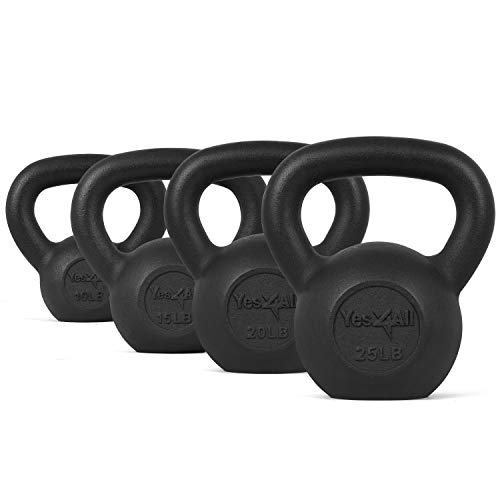 Yes4All Solid Smooth Powder Coated Cast Iron Kettlebell weight Set of Weight 10+15+20+25lbs