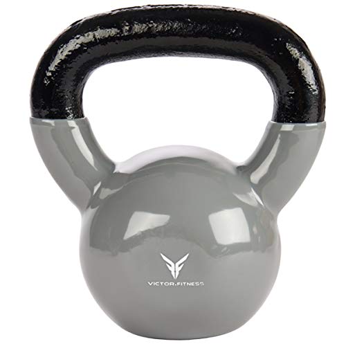 Victor Fitness 15 lbs Solid Cast Iron Vinyl Coated Silver Kettlebell with Wide Easy-to-Grip Handle. Great for Weight Training, Crossfit, Squats, and Kettlebell Swing