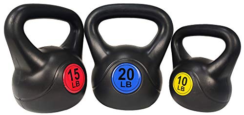 Sporzon! Wide Grip Kettlebell Exercise Fitness Weight Set, Includes 10 lbs, 15 lbs, 20 lbs, Multicolor, SPZ-KBSET