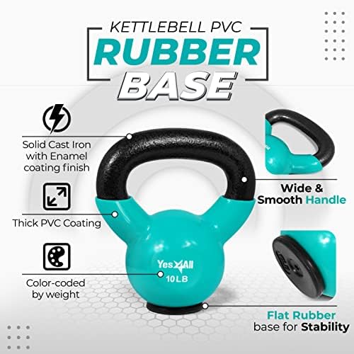 Yes4All Vinyl Coated Kettlebell With Protective Rubber Base, Strength Training Kettlebells for Weightlifting, Conditioning, Strength & Core Training (10LB - Mint)