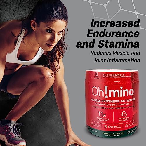 Oh!mino Pre Workout Powder, Amino Energy Blend, Sugar-Free Intra Workout or Post Workout Recovery Drink, Muscle Synthesis Activator, Caffeinated Tropical Splash, 280 g, 40 Servings - Oh!Nutrition