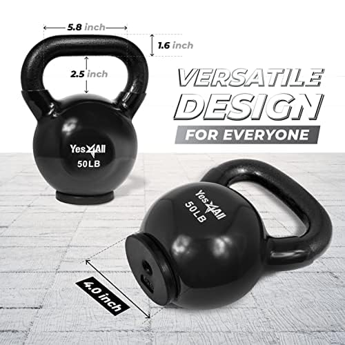 Yes4All Vinyl Coated Kettlebell With Protective Rubber Base, Strength Training Kettlebells for Weightlifting, Conditioning, Strength & Core Training (50LB - Black)