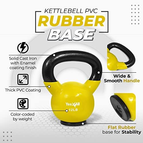 Yes4All Vinyl Coated Kettlebell With Protective Rubber Base, Strength Training Kettlebells for Weightlifting, Conditioning, Strength & Core Training (12Lb - Yellow)