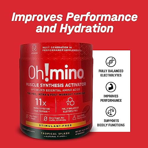 Oh!mino Sugar-and-Stimulant-Free Pre Workout Powder, Amino Energy Blend, Intra Workout or Post Workout Recovery Drink, Muscle Synthesis Activator, Tropical Splash, 280 g, 40 Servings - Oh!Nutrition
