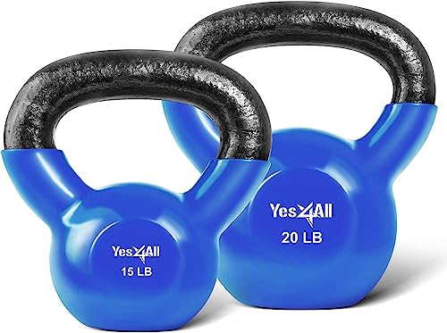 Yes4All Combo Vinyl Coated Kettlebell Weight Sets – Great for Full Body Workout and Strength Training – Vinyl Kettlebells 15 - 20 lbs