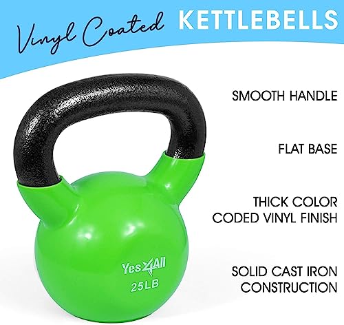 Yes4All Combo Vinyl Coated Kettlebell Weight Sets Great for Full Body Workout and Strength Training Multicolor, 10 15 20 25 lbs